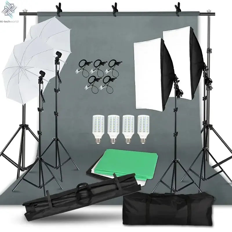 Photography Photo Studio Softbox Lighting Kit With 2.6x3M Background Frame 3pcs Backdrops Tripod Stand Reflector Board 4Umbrella Ai-TechWorld 