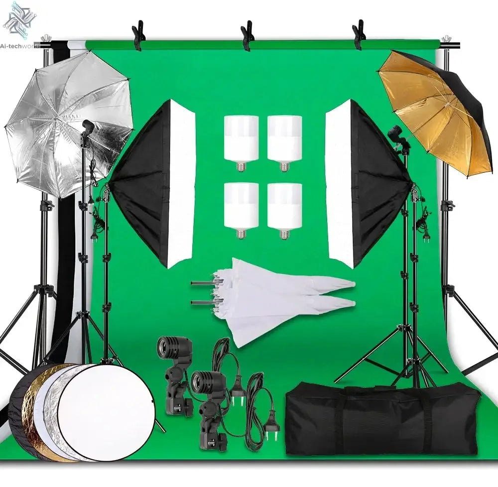 Photography Photo Studio Softbox Lighting Kit With 2.6x3M Background Frame 3pcs Backdrops Tripod Stand Reflector Board 4Umbrella Ai-TechWorld 