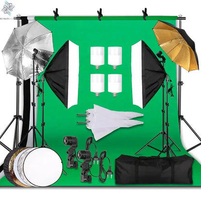 Photography Photo Studio Softbox Lighting Kit With 2.6x3M Background Frame 3pcs Backdrops Tripod Stand Reflector Board 4Umbrella Ai-TechWorld 
