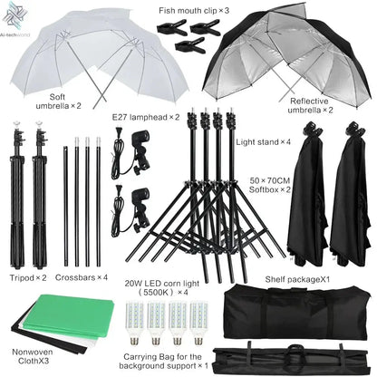 Photography Photo Studio Softbox Lighting Kit With 2.6x3M Background Frame 3pcs Backdrops Tripod Stand Reflector Board 4Umbrella Ai-TechWorld 