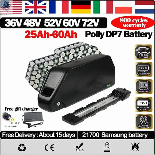 Polly 48V 60V 72V 30AH Ebike Battery Downtube 52V Electric Battery 100A BMS Cham Rider Original 21700 Lithium Lon Battery 3000W - Ai-TechWorld
