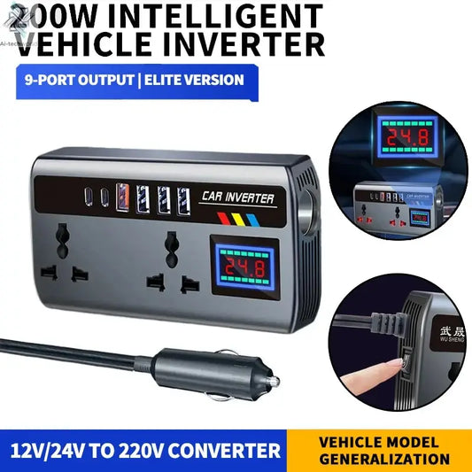 Portable Car Inverter 12V/24V to 220V Outlet Adapter with 4 USB Ports Fast Charging Automotive Charger for Auto Car Truck SUV RV - Ai-TechWorld