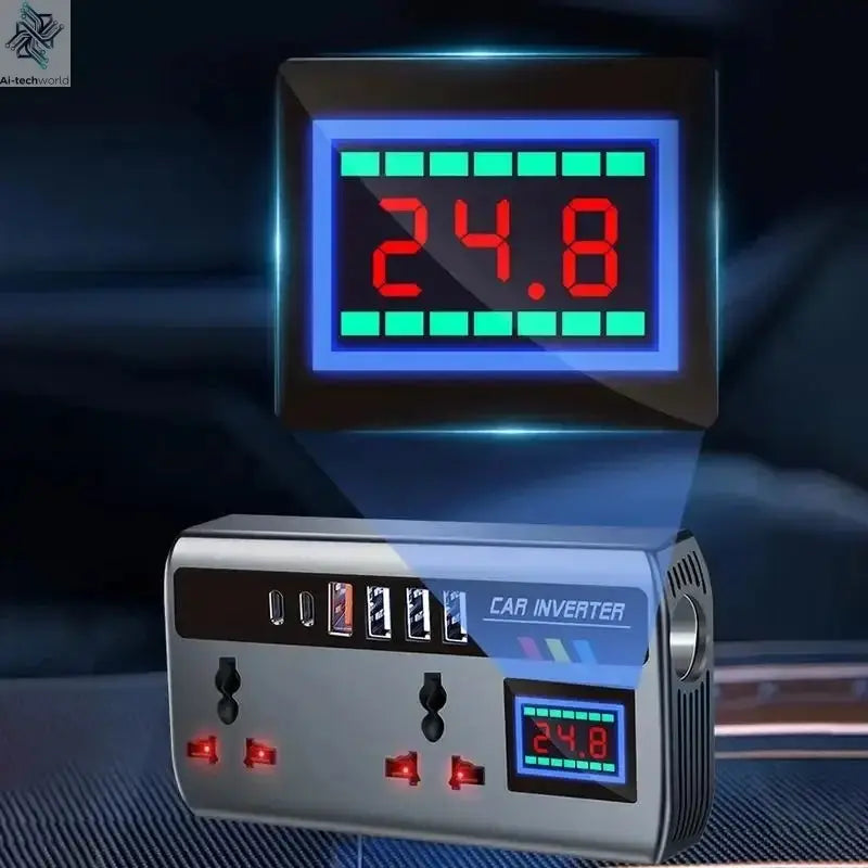 Portable Car Inverter 12V/24V to 220V Outlet Adapter with 4 USB Ports Fast Charging Automotive Charger for Auto Car Truck SUV RV - Ai-TechWorld