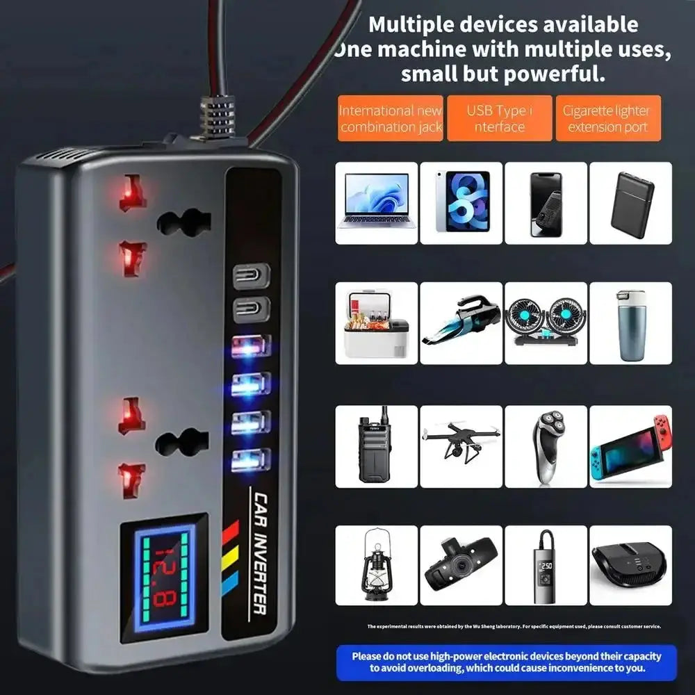 Portable Car Inverter 12V/24V to 220V Outlet Adapter with 4 USB Ports Fast Charging Automotive Charger for Auto Car Truck SUV RV - Ai-TechWorld