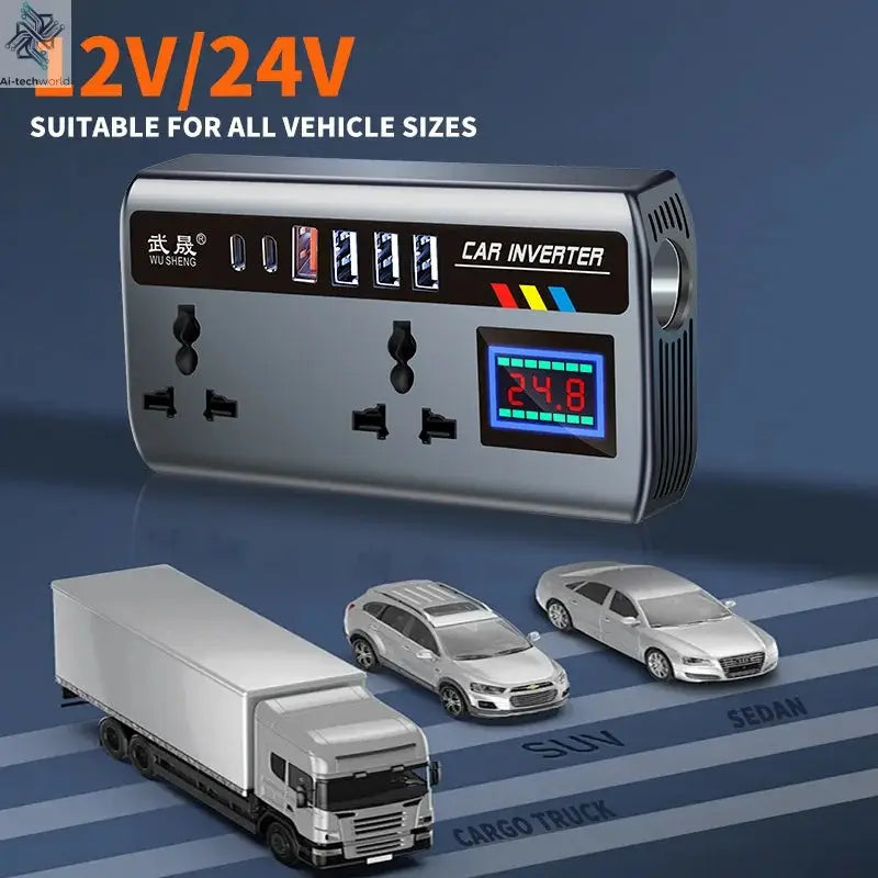 Portable Car Inverter 12V/24V to 220V Outlet Adapter with 4 USB Ports Fast Charging Automotive Charger for Auto Car Truck SUV RV - Ai-TechWorld