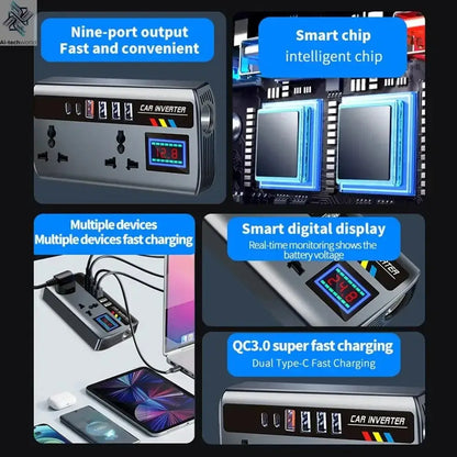 Portable Car Inverter 12V/24V to 220V Outlet Adapter with 4 USB Ports Fast Charging Automotive Charger for Auto Car Truck SUV RV - Ai-TechWorld