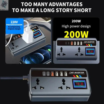 Portable Car Inverter 12V/24V to 220V Outlet Adapter with 4 USB Ports Fast Charging Automotive Charger for Auto Car Truck SUV RV - Ai-TechWorld