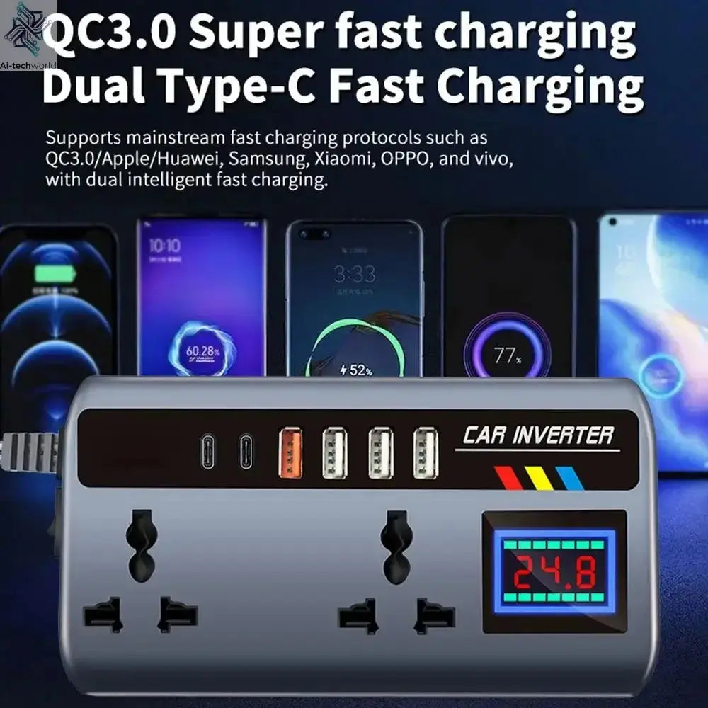 Portable Car Inverter 12V/24V to 220V Outlet Adapter with 4 USB Ports Fast Charging Automotive Charger for Auto Car Truck SUV RV - Ai-TechWorld