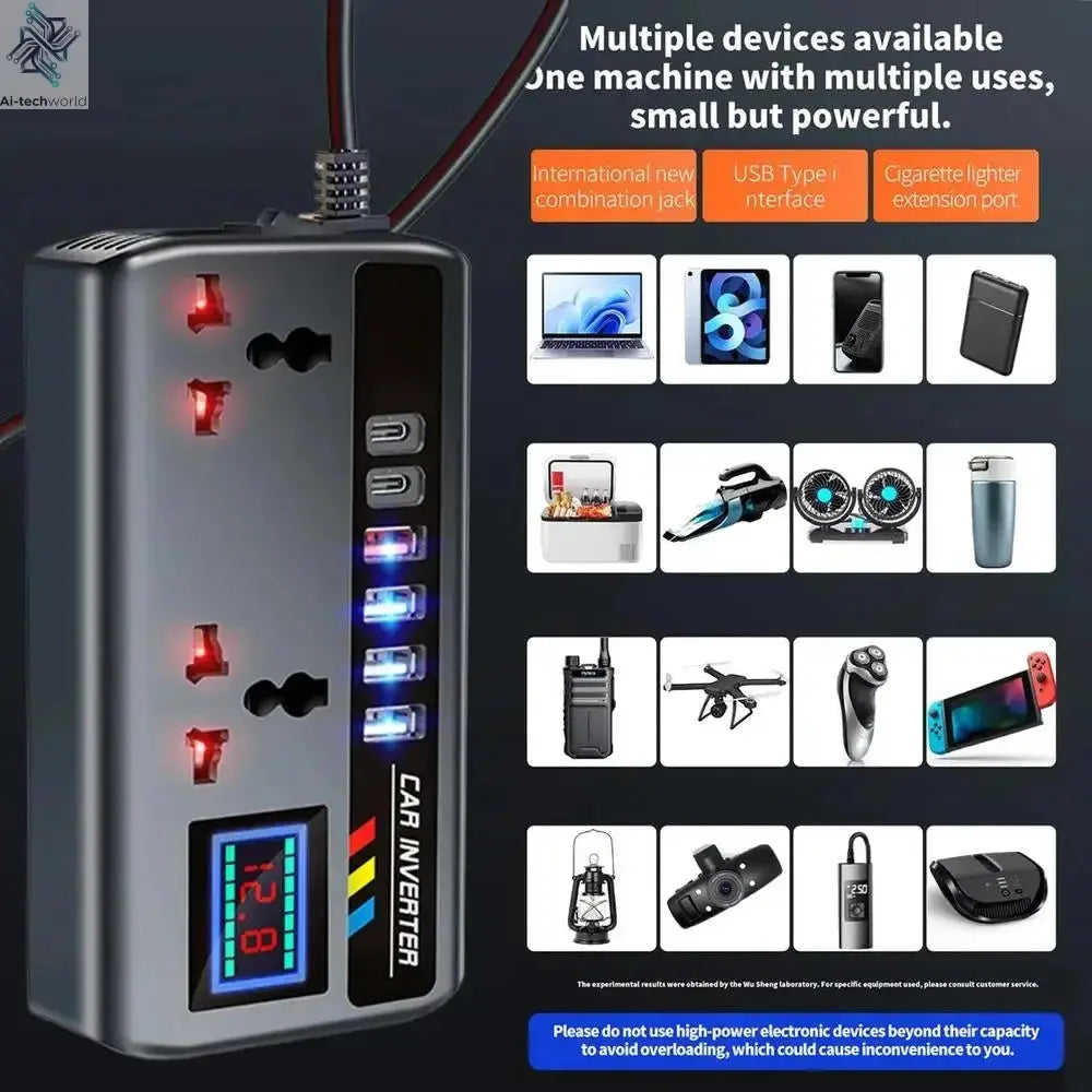 Portable Car Inverter 12V/24V to 220V Outlet Adapter with 4 USB Ports Fast Charging Automotive Charger for Auto Car Truck SUV RV - Ai-TechWorld