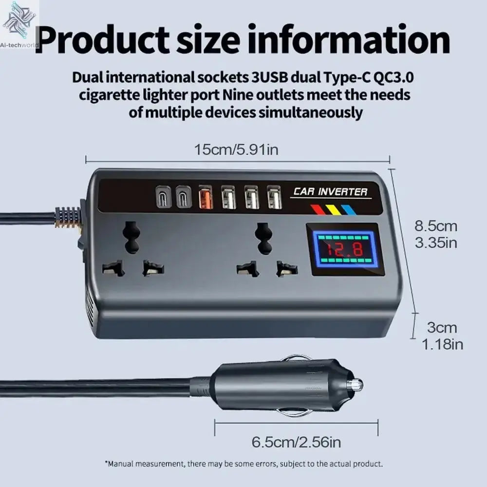 Portable Car Inverter 12V/24V to 220V Outlet Adapter with 4 USB Ports Fast Charging Automotive Charger for Auto Car Truck SUV RV - Ai-TechWorld