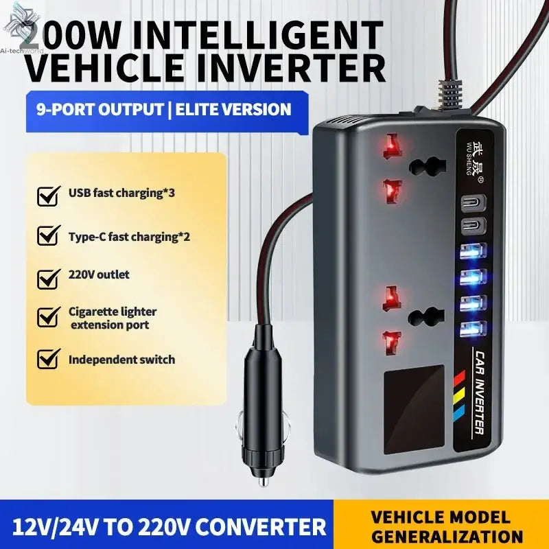Portable Car Inverter 12V/24V to 220V Outlet Adapter with 4 USB Ports Fast Charging Automotive Charger for Auto Car Truck SUV RV - Ai-TechWorld