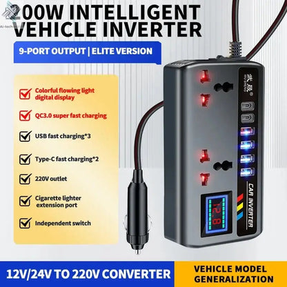 Portable Car Inverter 12V/24V to 220V Outlet Adapter with 4 USB Ports Fast Charging Automotive Charger for Auto Car Truck SUV RV - Ai-TechWorld