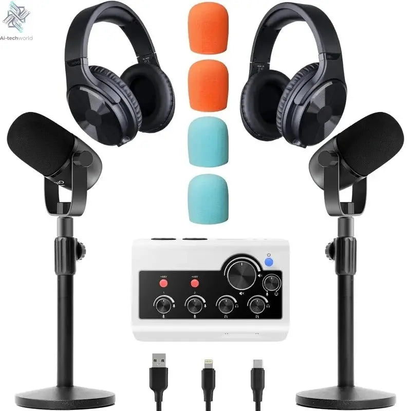 Portable Podcast Equipment Bundle for iPhone/Android Phones- Podcast Kit with Audio Interface, 2 CastMic Dynamic Mics, 2 Ta Ai-TechWorld