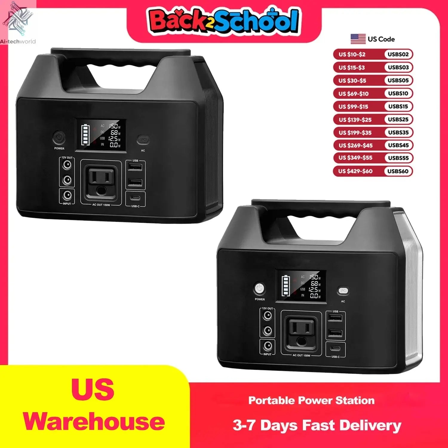 Portable Power Station 300W/150W Solar Generator Power Bank 110V/230V AC/DC/USB/USB C LiFePO4 Battery Pack For Camping CPAP RV Ai-TechWorld 