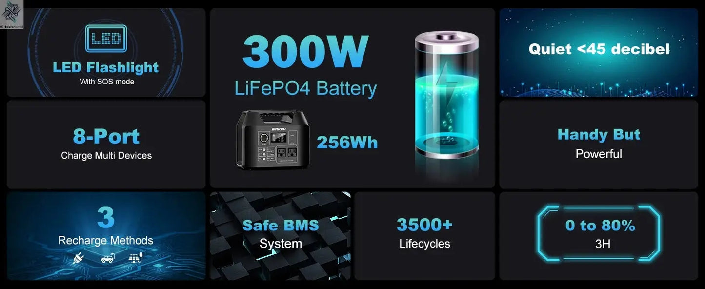 Portable Power Station 300W/150W Solar Generator Power Bank 110V/230V AC/DC/USB/USB C LiFePO4 Battery Pack For Camping CPAP RV Ai-TechWorld 