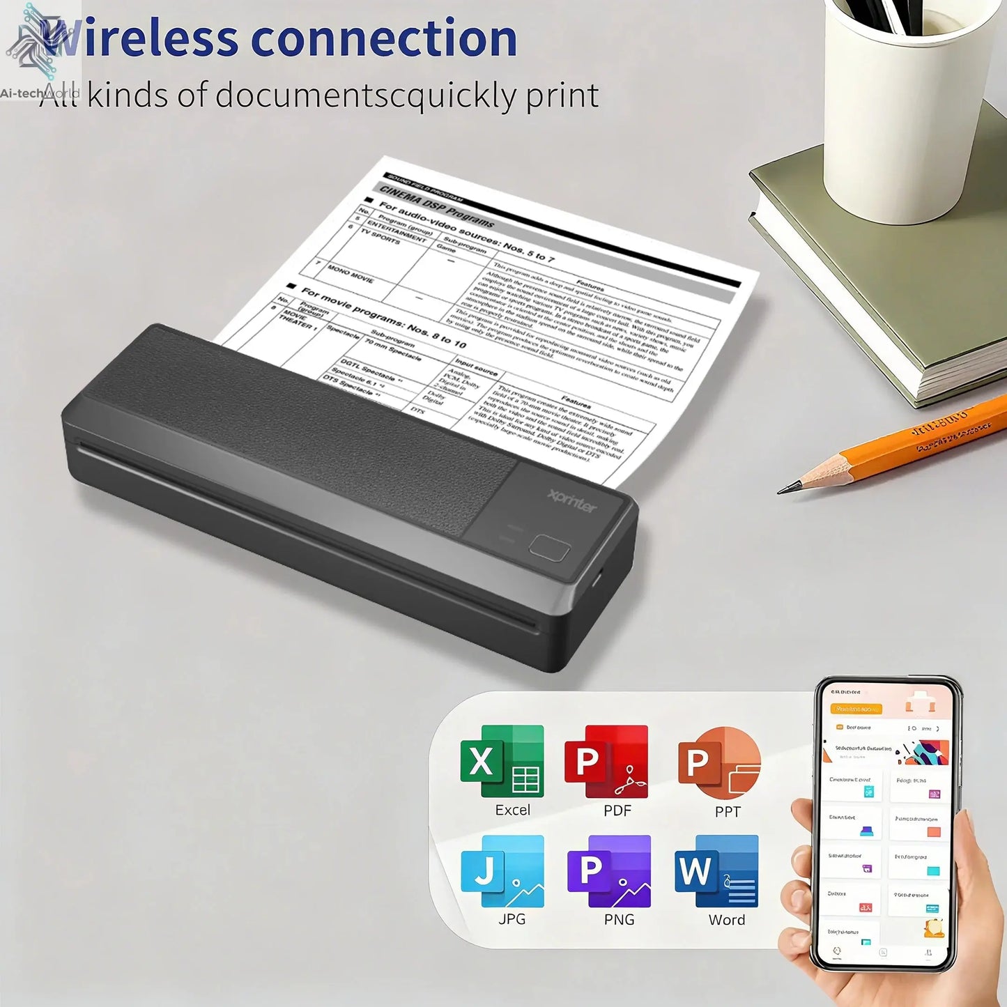 Portable Printers Wireless Bluetooth Thermal Printer Supports 8.5" X 11" Letter, Inkless Printer Compatible with Phone Laptop Ai-TechWorld 