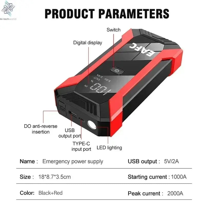 Power Bank 2000A/600A 12V Car Battery Jump Starter Portable Charger Petrol Diesel Auto Starting Device Booster Emergency Starter Ai-TechWorld 