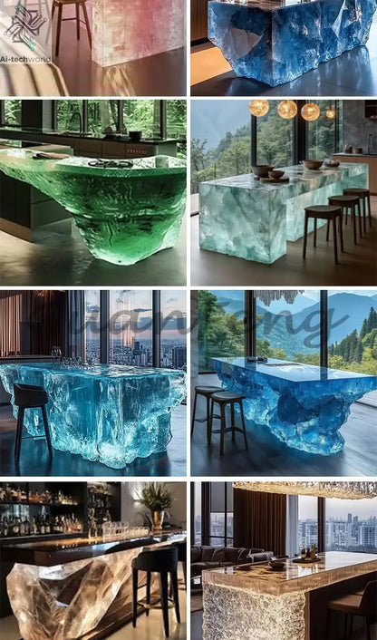 Premium Light Luxury Transparent Resin Hotel Front Desk Restaurant Villa Kitchen Partition Luminous Crystal Glacier Island Table Ai-TechWorld 