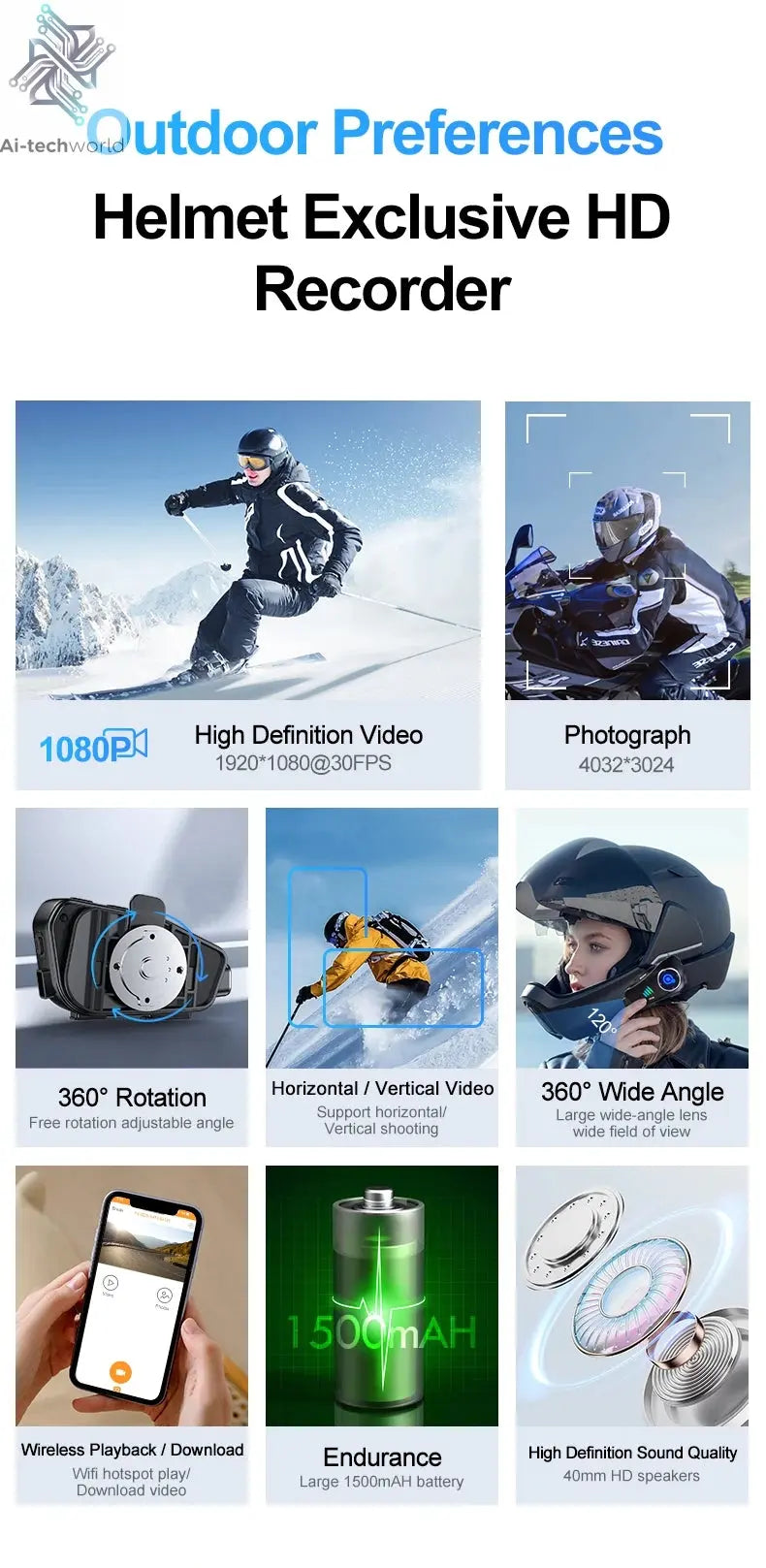 Q28 Motorcycle Helmet Headset Bluetooth Hands Free Call Waterproof Heaphone Wireless 1080P Video Dashcam TF Card as gift Ai-TechWorld 