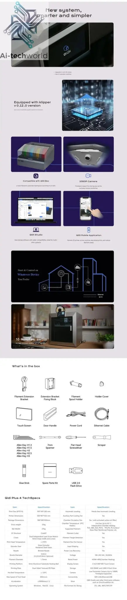 QIDI Plus 4 3D Printer, 600mm/s High-Speed 3D Printer withFull-auto Calibrati, Independent Dual Z-axis Motors, 55℃ Chamber Heat Ai-TechWorld