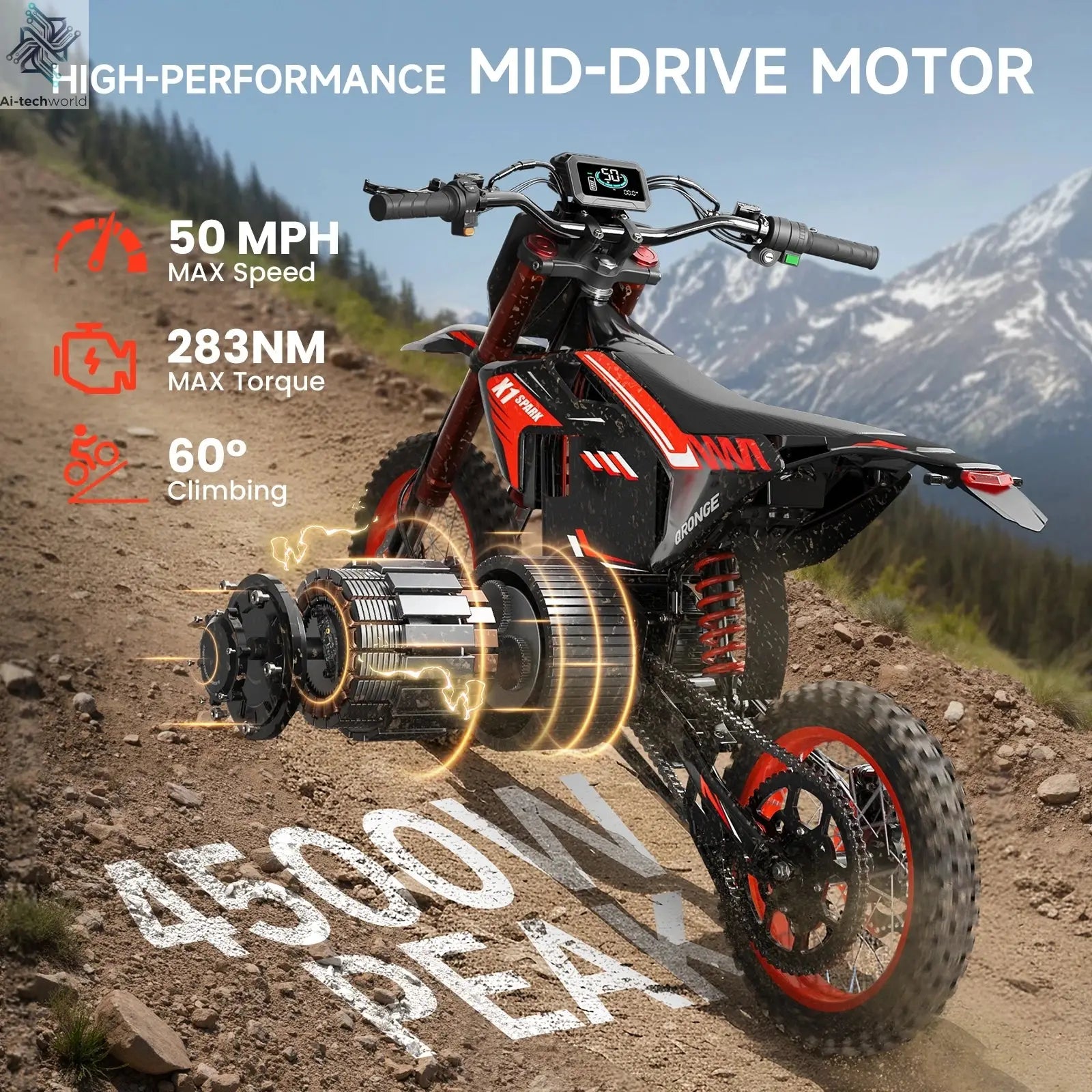 QRONGE X1 Spark Electric Dirt Bike 4500W Peak Motor 60V 28.8AH Electric Motorcycle 60 Miles Range 14/12" Fat Tire Snow E-bike ﻿ - Ai-TechWorld