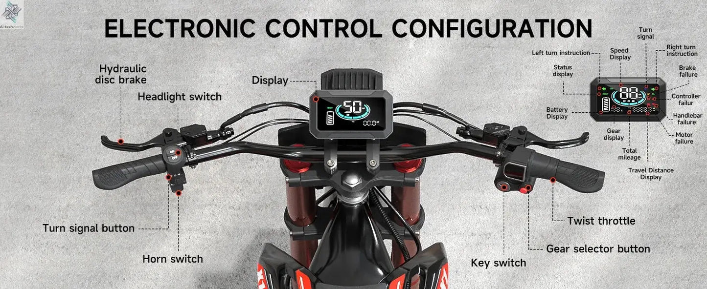 QRONGE X1 Spark Electric Dirt Bike 4500W Peak Motor 60V 28.8AH Electric Motorcycle 60 Miles Range 14/12" Fat Tire Snow E-bike ﻿ - Ai-TechWorld