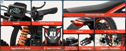 QRONGE X1 Spark Electric Dirt Bike 4500W Peak Motor 60V 28.8AH Electric Motorcycle 60 Miles Range 14/12" Fat Tire Snow E-bike ﻿ - Ai-TechWorld