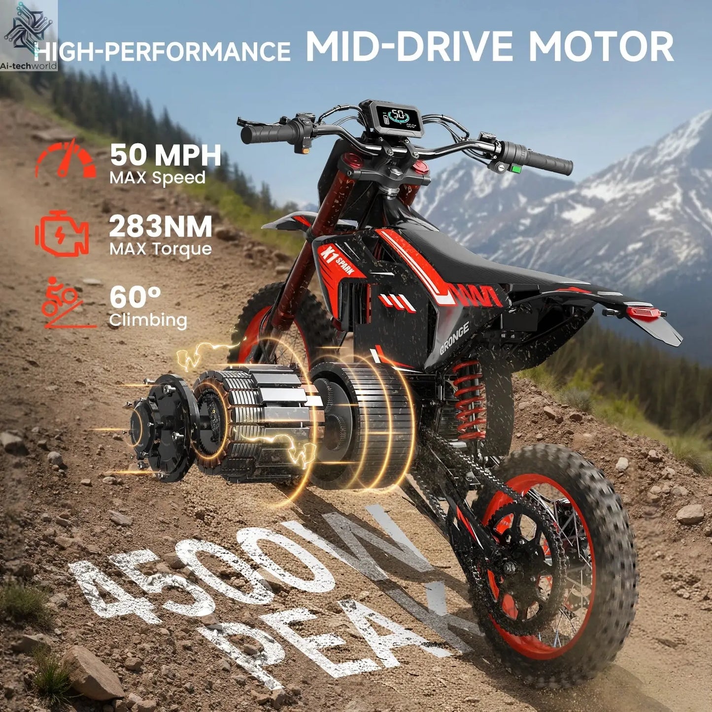 QRONGE X1 Spark Electric Dirt Bike 4500W Peak&Up to 60 Miles 50MPH 60V 28.8Ah Battery E-Bike 14/12" Fat Tire Electric Motorcycle Ai-TechWorld 