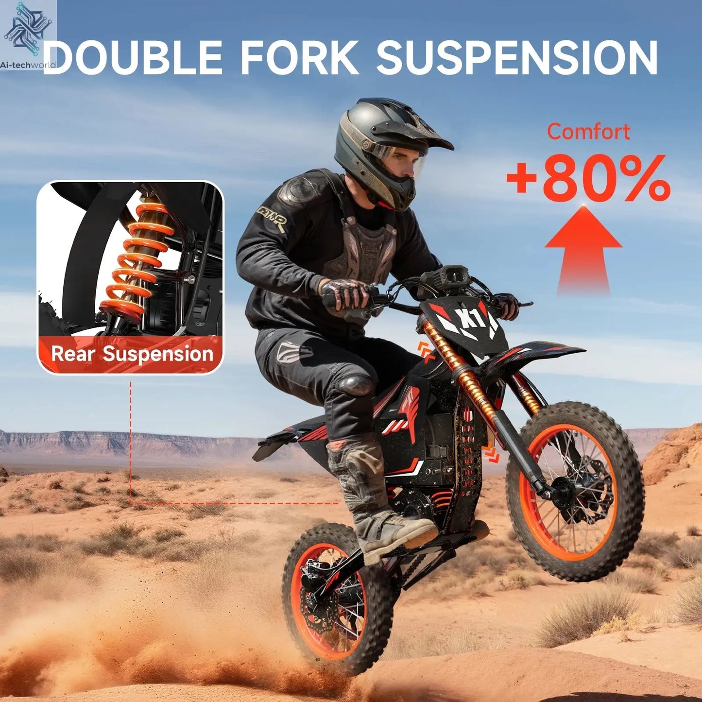 QRONGE X1 Spark Electric Dirt Bike 4500W Peak&Up to 60 Miles 50MPH 60V 28.8Ah Battery E-Bike 14/12" Fat Tire Electric Motorcycle Ai-TechWorld 