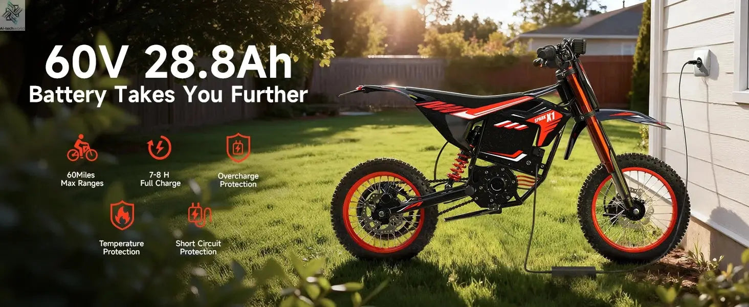 QRONGE X1 Spark Electric Dirt Bike 4500W Peak&Up to 60 Miles 50MPH 60V 28.8Ah Battery E-Bike 14/12" Fat Tire Electric Motorcycle Ai-TechWorld 