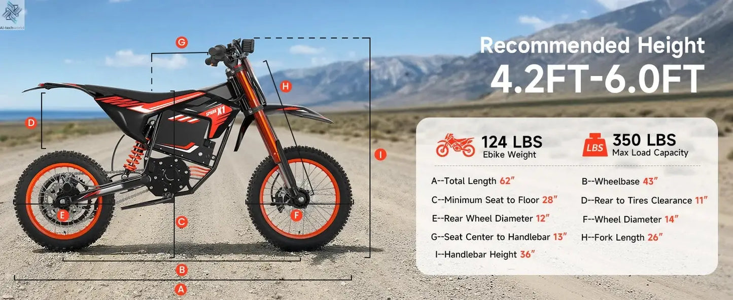 QRONGE X1 Spark Electric Dirt Bike 4500W Peak&Up to 60 Miles 50MPH 60V 28.8Ah Battery E-Bike 14/12" Fat Tire Electric Motorcycle Ai-TechWorld 