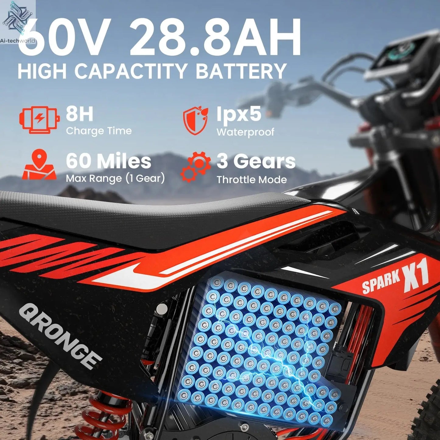 QRONGE X1 Spark Electric Dirt Bike 4500W Peak&Up to 60 Miles 50MPH 60V 28.8Ah Battery E-Bike 14/12" Fat Tire Electric Motorcycle Ai-TechWorld 