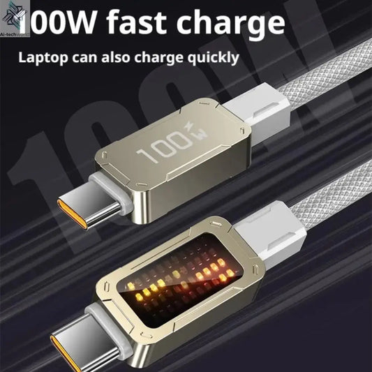 Quick Charge Type C to C Cable New Nylon Braided Wire Fast Charging Data Cord USB C 100W LED Glowing Ai-TechWorld 