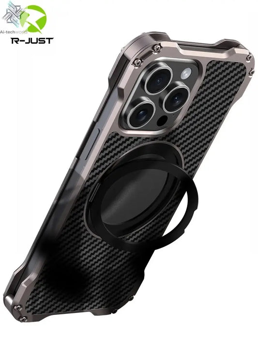 R-just Metal Carbon Fiber Case For iPhone 16 15 14 13 Pro Max Cover Lightweight Aluminum Alloy Funda Coque Built-in Holder Ring Ai-TechWorld 