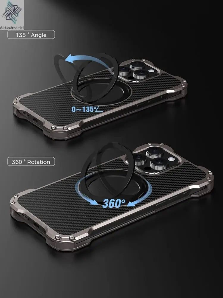 R-just Metal Carbon Fiber Case For iPhone 16 15 14 13 Pro Max Cover Lightweight Aluminum Alloy Funda Coque Built-in Holder Ring Ai-TechWorld 
