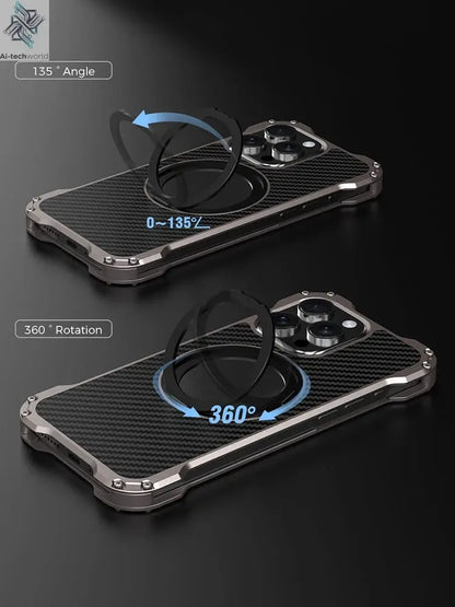 R-just Metal Carbon Fiber Case For iPhone 16 15 14 13 Pro Max Cover Lightweight Aluminum Alloy Funda Coque Built-in Holder Ring Ai-TechWorld 