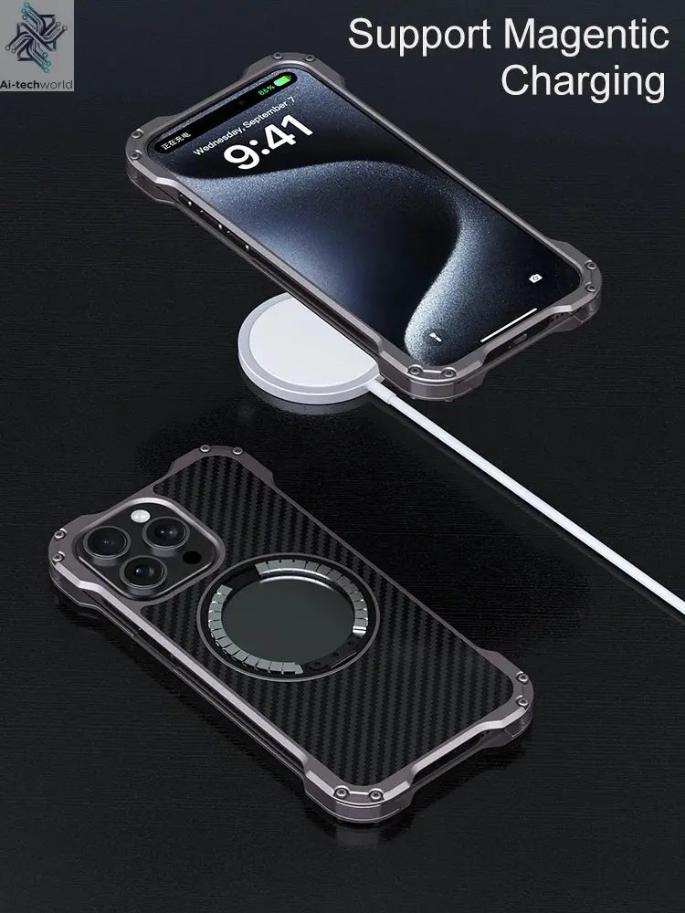 R-just Metal Carbon Fiber Case For iPhone 16 15 14 13 Pro Max Cover Lightweight Aluminum Alloy Funda Coque Built-in Holder Ring Ai-TechWorld 