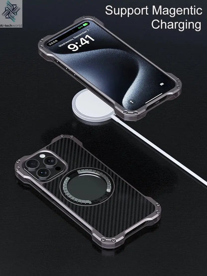 R-just Metal Carbon Fiber Case For iPhone 16 15 14 13 Pro Max Cover Lightweight Aluminum Alloy Funda Coque Built-in Holder Ring Ai-TechWorld 