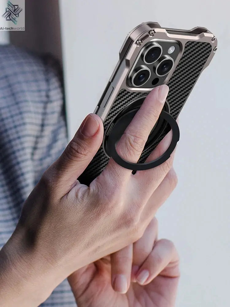 R-just Metal Carbon Fiber Case For iPhone 16 15 14 13 Pro Max Cover Lightweight Aluminum Alloy Funda Coque Built-in Holder Ring Ai-TechWorld 