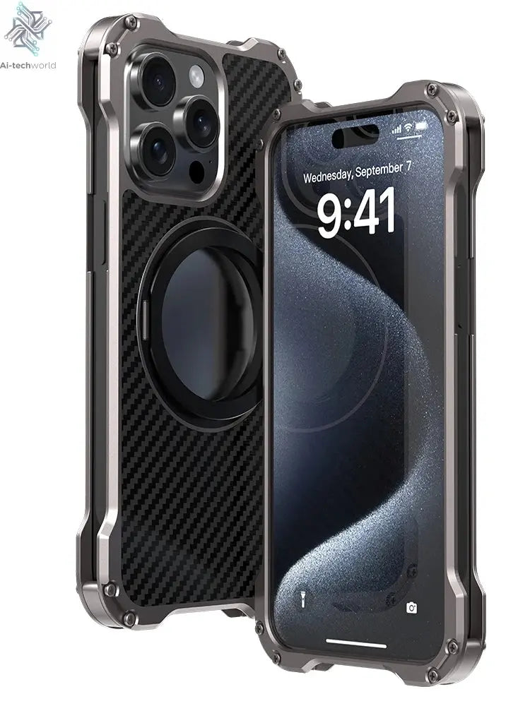 R-just Metal Carbon Fiber Case For iPhone 16 15 14 13 Pro Max Cover Lightweight Aluminum Alloy Funda Coque Built-in Holder Ring Ai-TechWorld 