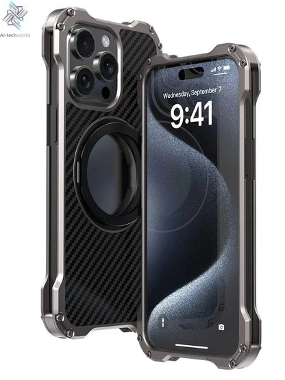 R-just Metal Carbon Fiber Case For iPhone 16 15 14 13 Pro Max Cover Lightweight Aluminum Alloy Funda Coque Built-in Holder Ring Ai-TechWorld 
