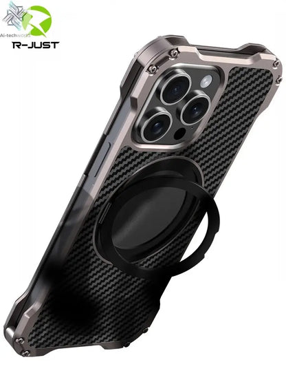 R-just Metal Carbon Fiber Case For iPhone 16 15 14 13 Pro Max Cover Lightweight Aluminum Alloy Funda Coque Built-in Holder Ring Ai-TechWorld 