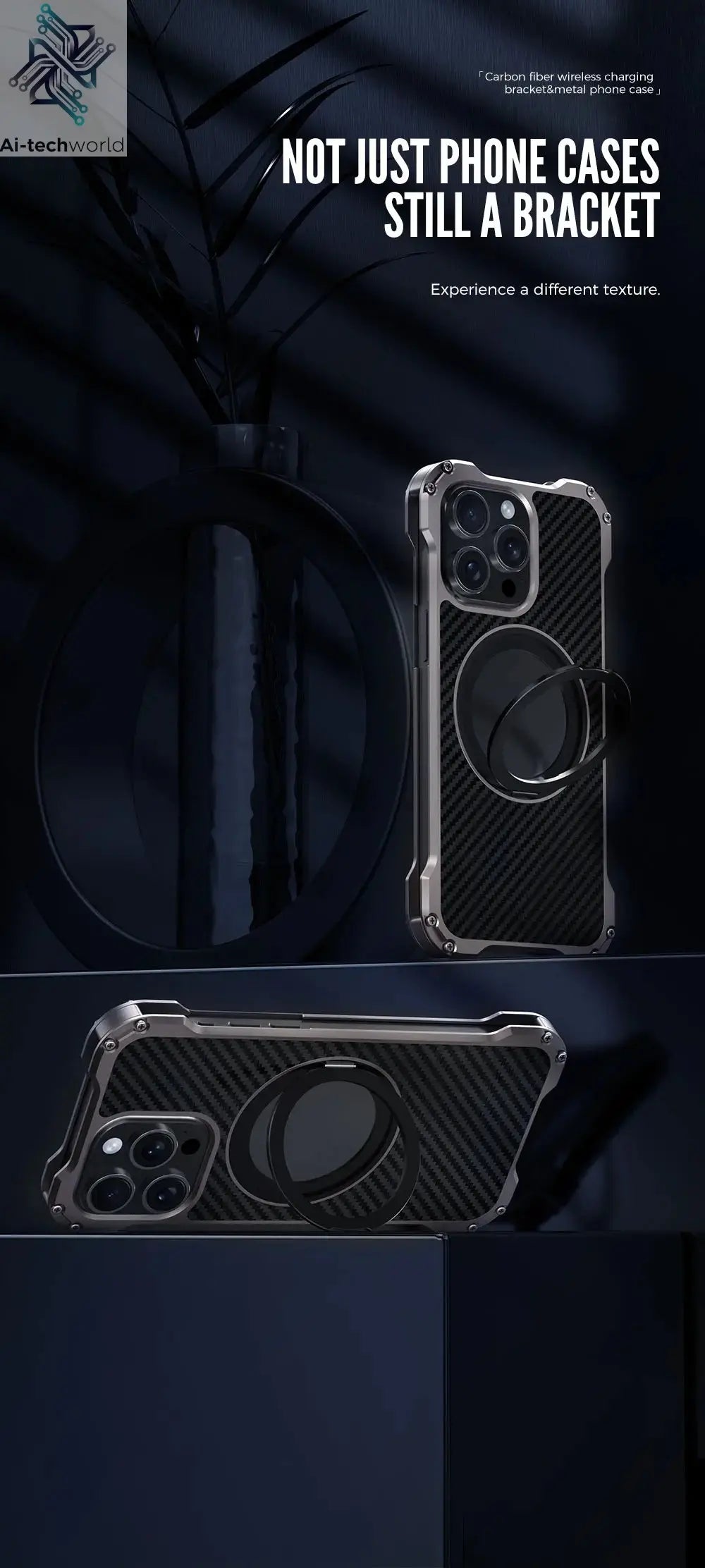 R-just Metal Carbon Fiber Case For iPhone 16 15 14 13 Pro Max Cover Lightweight Aluminum Alloy Funda Coque Built-in Holder Ring Ai-TechWorld 