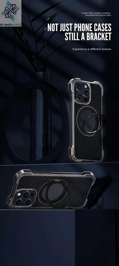 R-just Metal Carbon Fiber Case For iPhone 16 15 14 13 Pro Max Cover Lightweight Aluminum Alloy Funda Coque Built-in Holder Ring Ai-TechWorld 