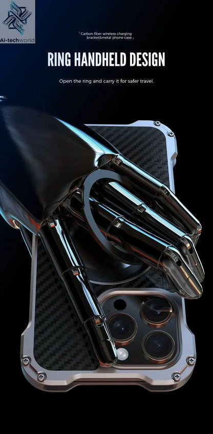 R-just Metal Carbon Fiber Case For iPhone 16 15 14 13 Pro Max Cover Lightweight Aluminum Alloy Funda Coque Built-in Holder Ring Ai-TechWorld 