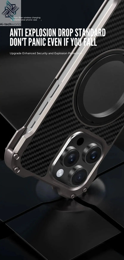 R-just Metal Carbon Fiber Case For iPhone 16 15 14 13 Pro Max Cover Lightweight Aluminum Alloy Funda Coque Built-in Holder Ring Ai-TechWorld 