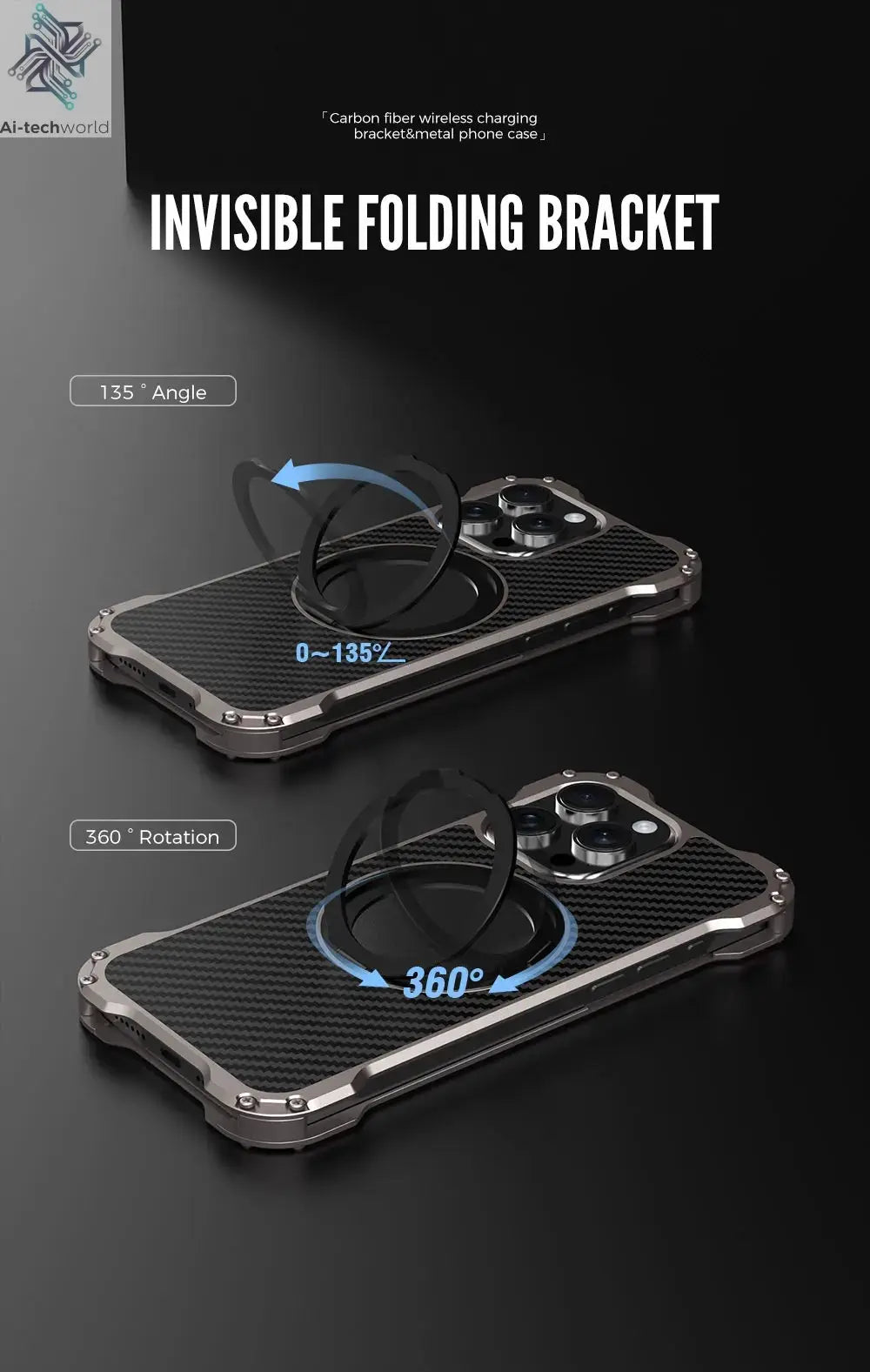 R-just Metal Carbon Fiber Case For iPhone 16 15 14 13 Pro Max Cover Lightweight Aluminum Alloy Funda Coque Built-in Holder Ring Ai-TechWorld 