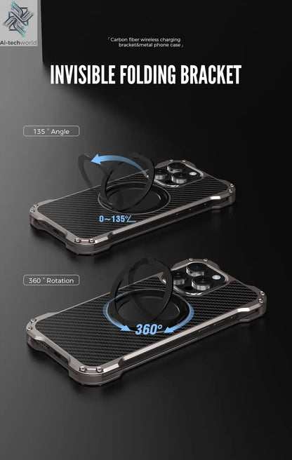 R-just Metal Carbon Fiber Case For iPhone 16 15 14 13 Pro Max Cover Lightweight Aluminum Alloy Funda Coque Built-in Holder Ring Ai-TechWorld 