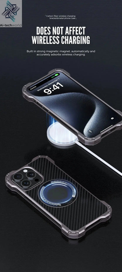 R-just Metal Carbon Fiber Case For iPhone 16 15 14 13 Pro Max Cover Lightweight Aluminum Alloy Funda Coque Built-in Holder Ring Ai-TechWorld 