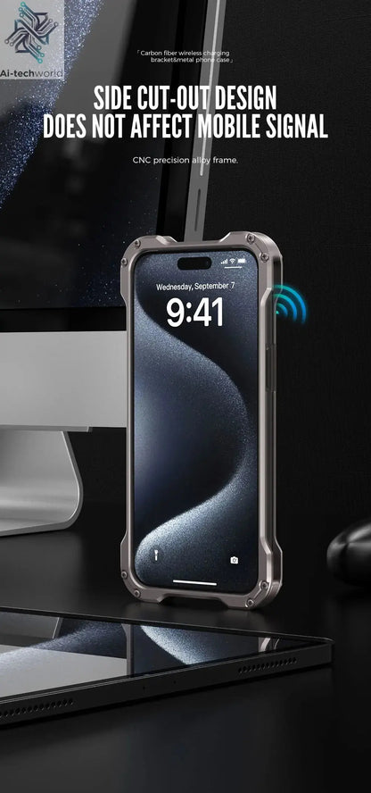 R-just Metal Carbon Fiber Case For iPhone 16 15 14 13 Pro Max Cover Lightweight Aluminum Alloy Funda Coque Built-in Holder Ring Ai-TechWorld 